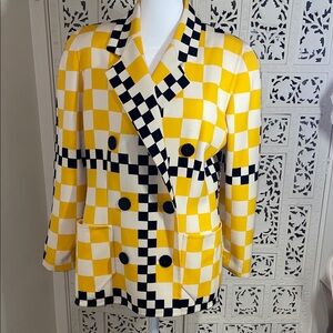 Rare Vintage BILL BLASS Yellow, White & Black Checker Double-Breasted Blazer